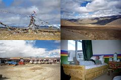 
We stopped briefly on the Tong La (5124m), a high broad wind-swept brown plateau contrasted with colorful prayer flags. The road drops briefly from the Tong La and ascends to the Lalung La (5050m). We continued our 150km journey to Tingri (4350m), and checked in to the Everest Snow Leopard Guest House, rectangular in design with a small entrance and an enormous inner courtyard. Jerome Ryan rested in our room, decorated in Tibetan colours.
